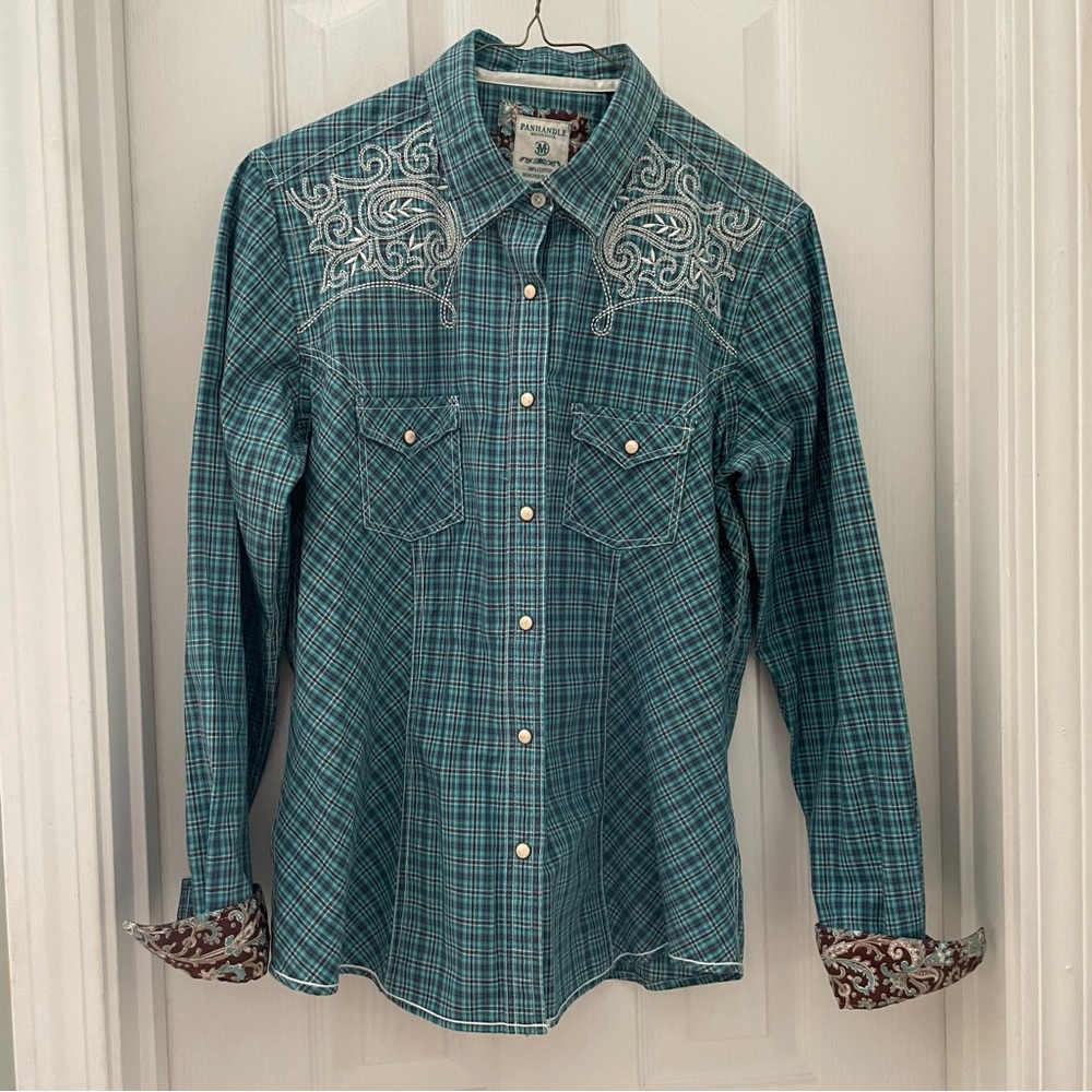 Panhandle Rough Stock turquoise and brown plaid long-sleeve western shirt, Med